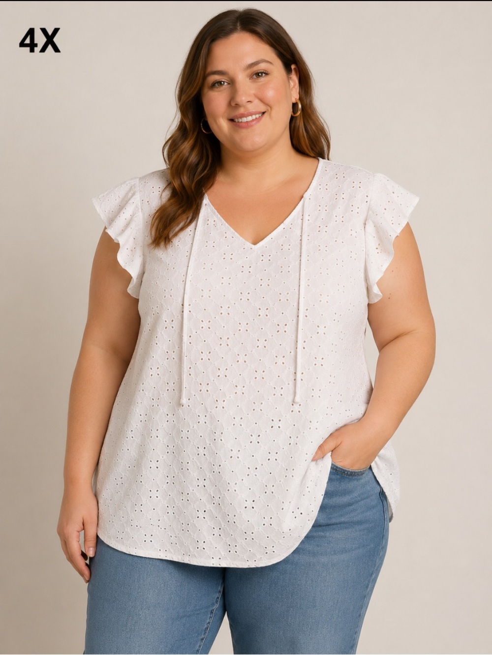 Ava & Viv White Eyelet Tie-Front V-Neck  Flutter sleeve  Boho Top size 4x